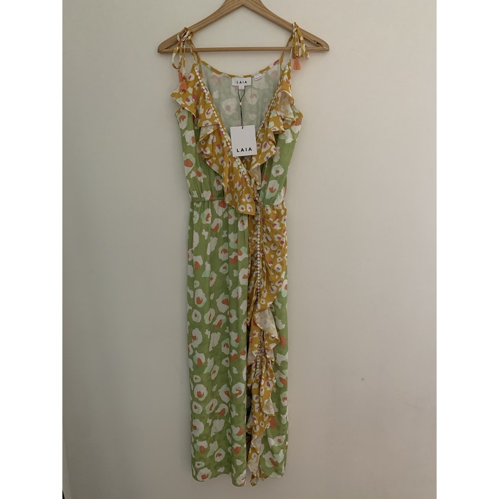 NWTAnthropologie LAIA Dress Sz S Colorful Animal Print Faux Wrap Ruffle Tassels